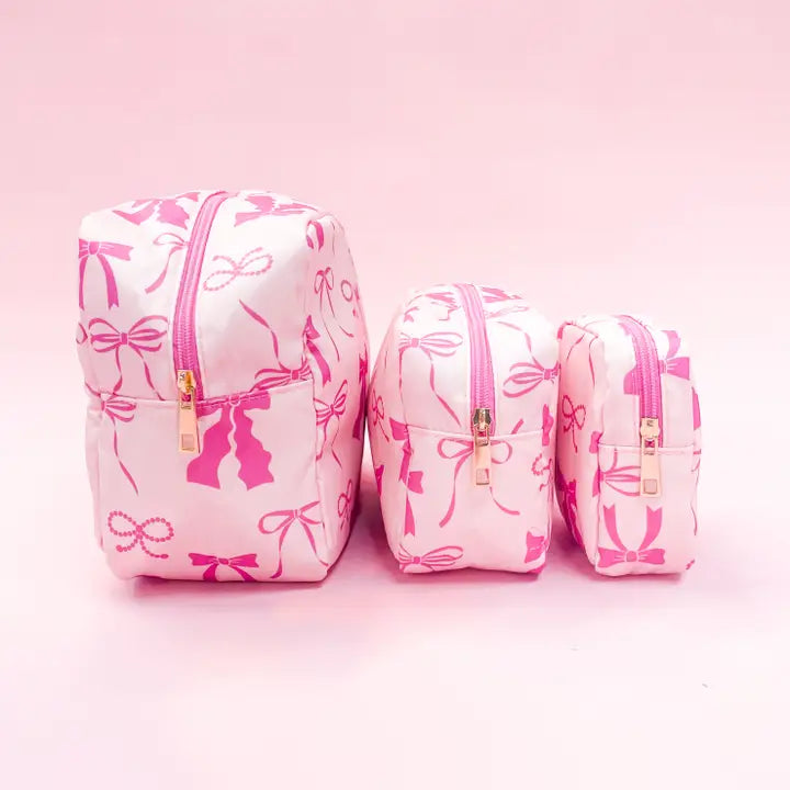 Pink Bows Nylon Cosmetic Zipper Bag Large