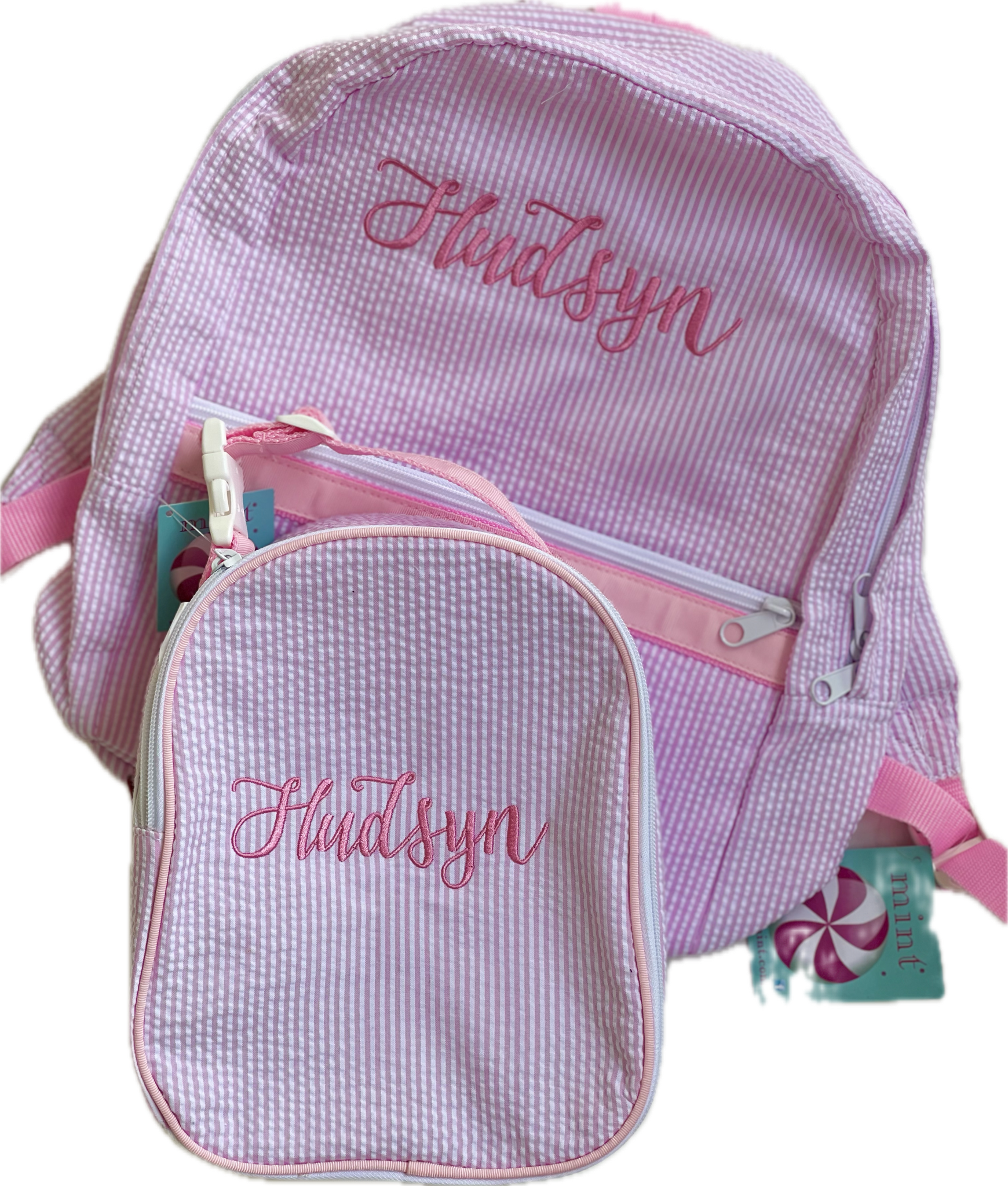 Medium Backpack w/Pockets Light Pink Seersucker by Mint Sweet Little Things