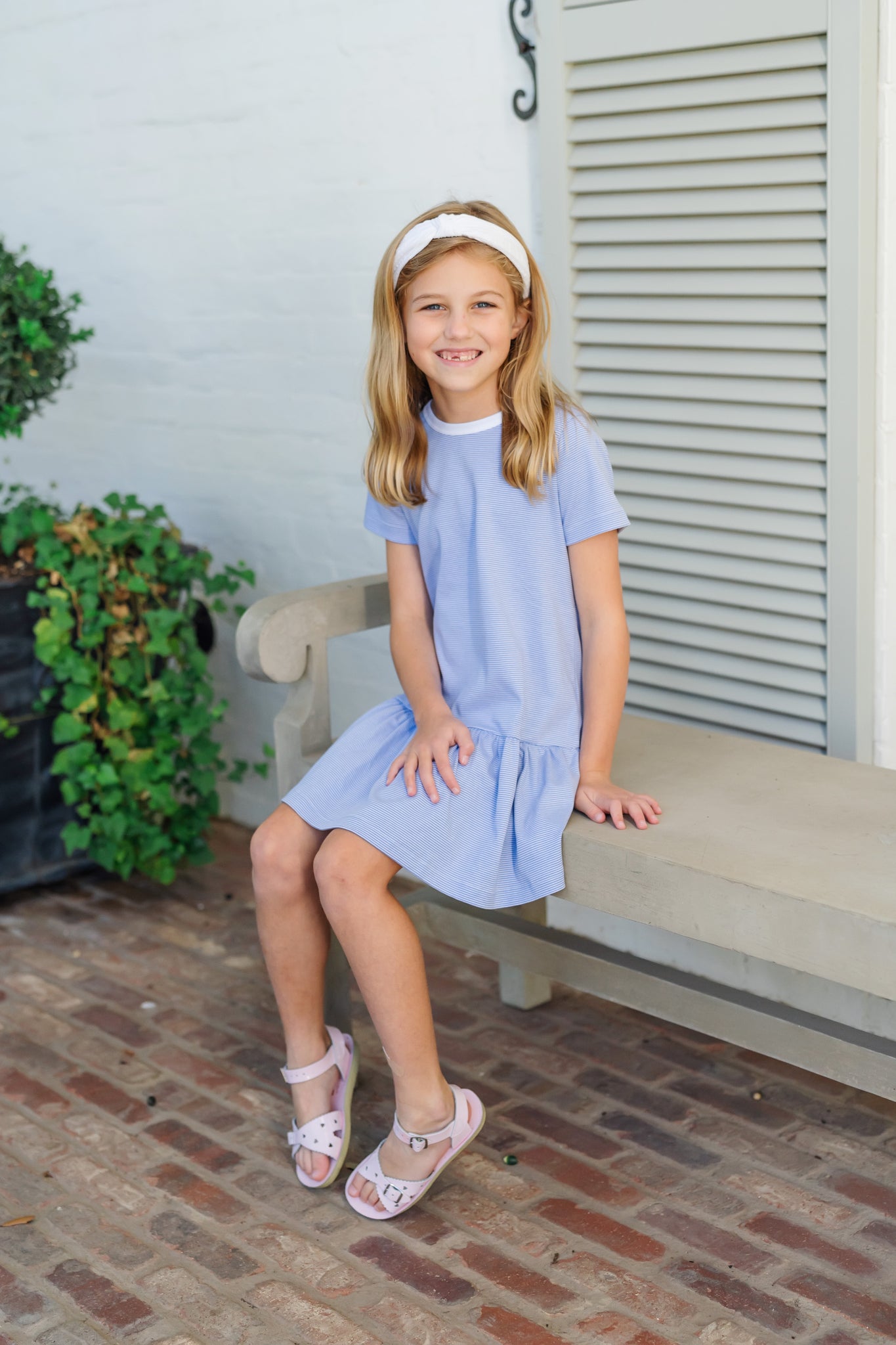 Lottie Girls' Dress - Blue and White Stripes