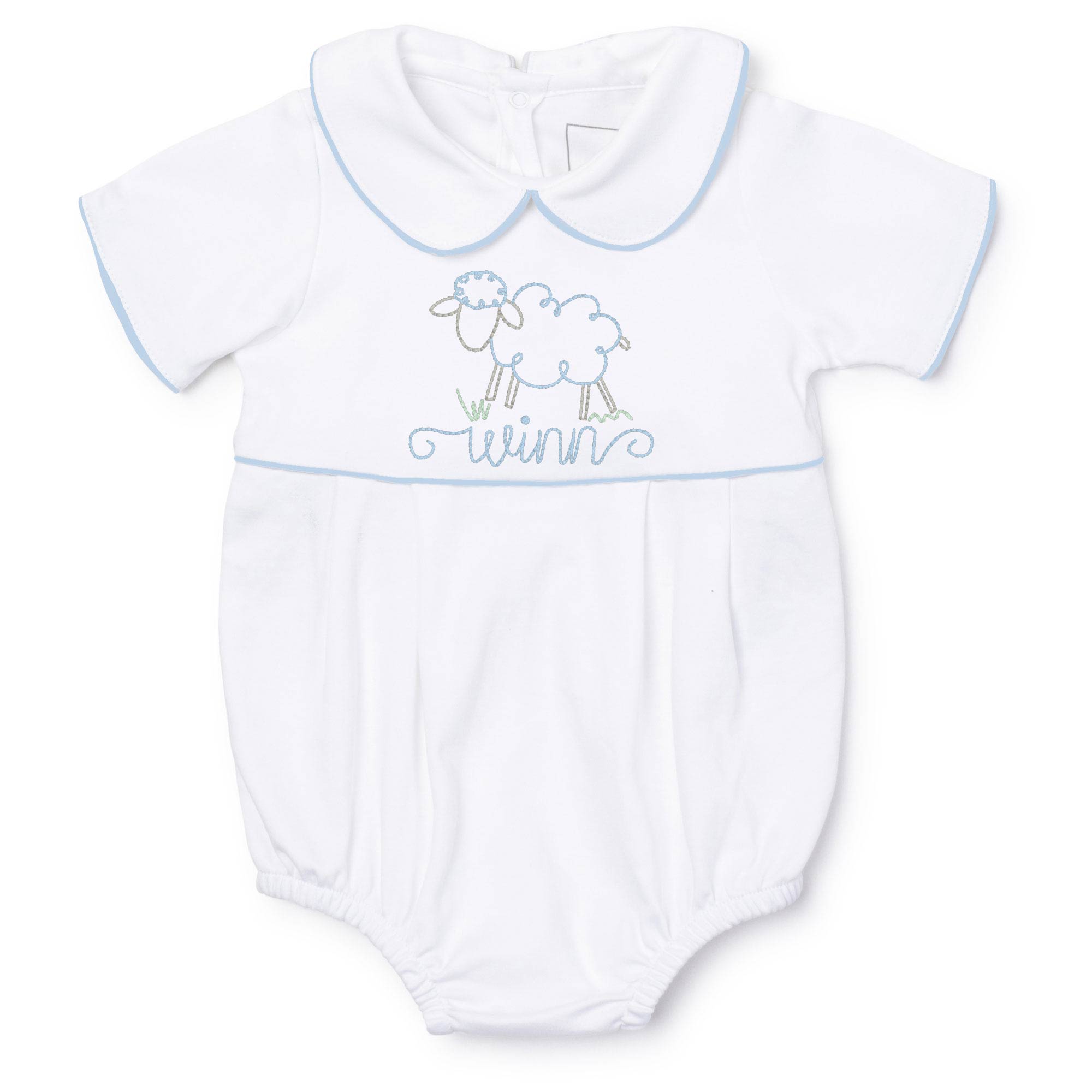 Baby Shop: Palmer Boys' Bubble with Monogram - White w/ Light Blue Piping