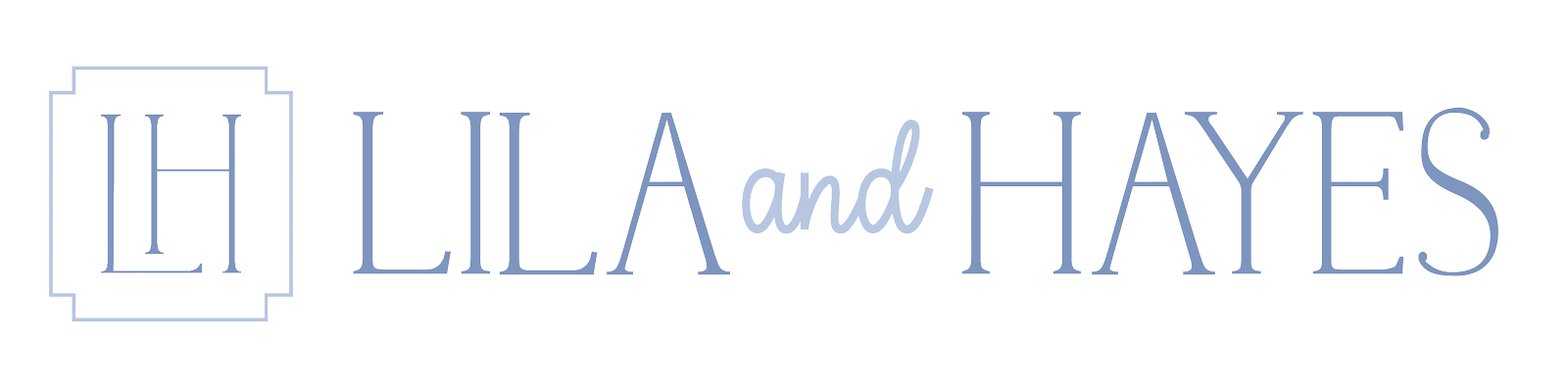 Lila and Hayes logo in blue lettering with logo image LH in a custom design box