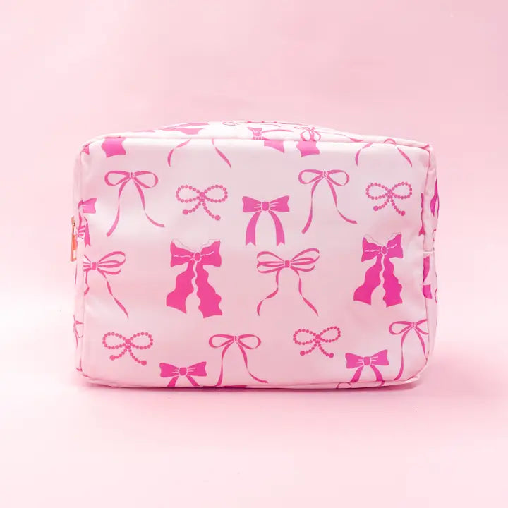 Pink Bows Nylon Cosmetic Zipper Bag Large