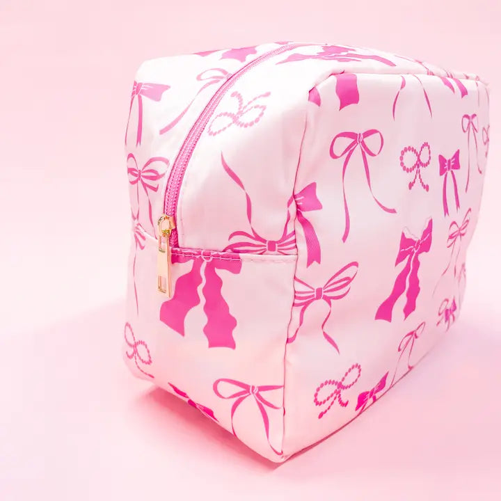 Pink Bows Nylon Cosmetic Zipper Bag Large