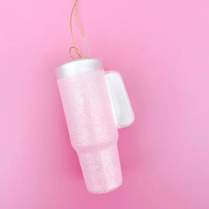 Pink Glittered Trendy Tumbler Ornament