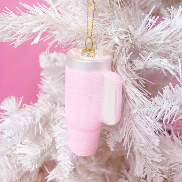 Pink Glittered Trendy Tumbler Ornament